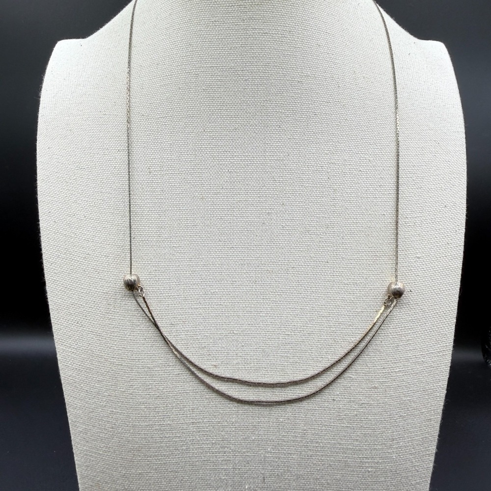 Silver Tone Double Strand Snake Chain Necklace Ribbed Beads Minimalist Gift